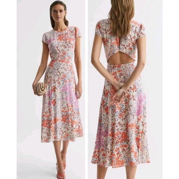 REISS Luna Pink Floral Meadow Cut Out Back Flowy Midi Dress Size 8 - Picture 1 of 10